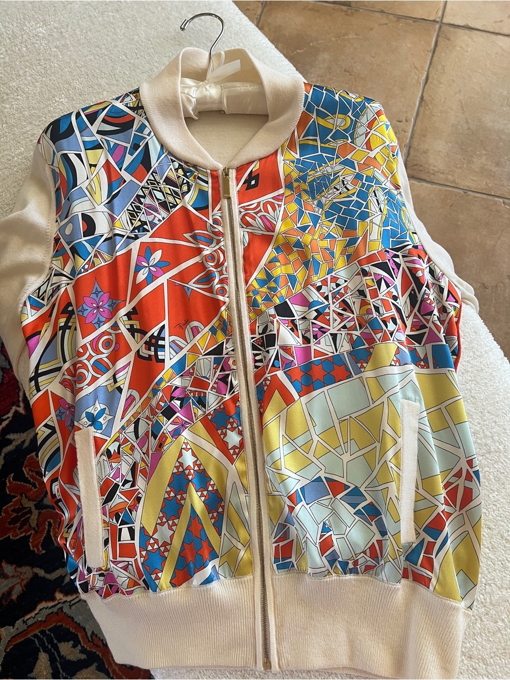 Emilio Pucci Multicolor Mosaic-Print Bomber Jacket with Cream Trim - Picture 3 of 12